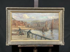 Whitby East Pier Fishermen Harbour Scene Victorian Oil Painting
