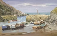 Vintage CORNISH FISHING HARBOR SCENE - SIGNED OIL PAINTING