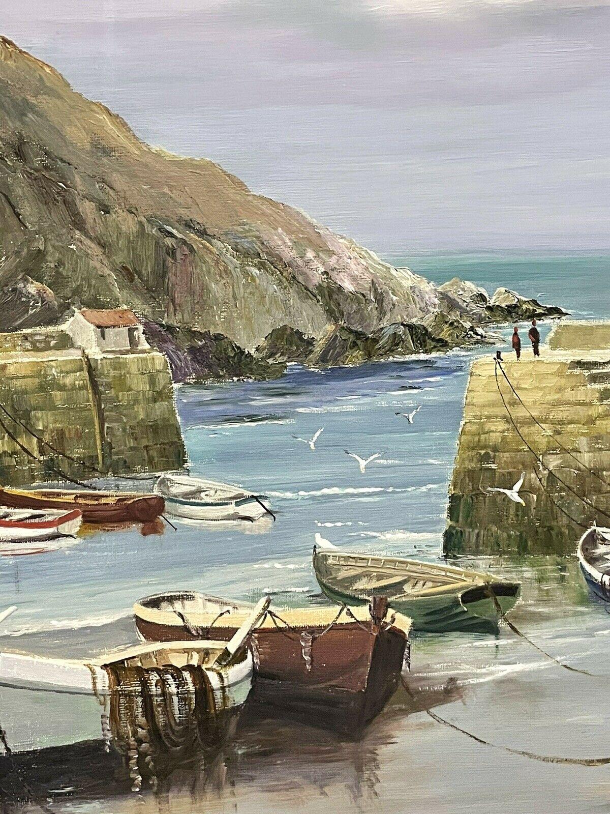 VINTAGE CORNISH FISHING HARBOR SCENE - SIGNED OIL PAINTING - Gray Landscape Painting by Lester Atack