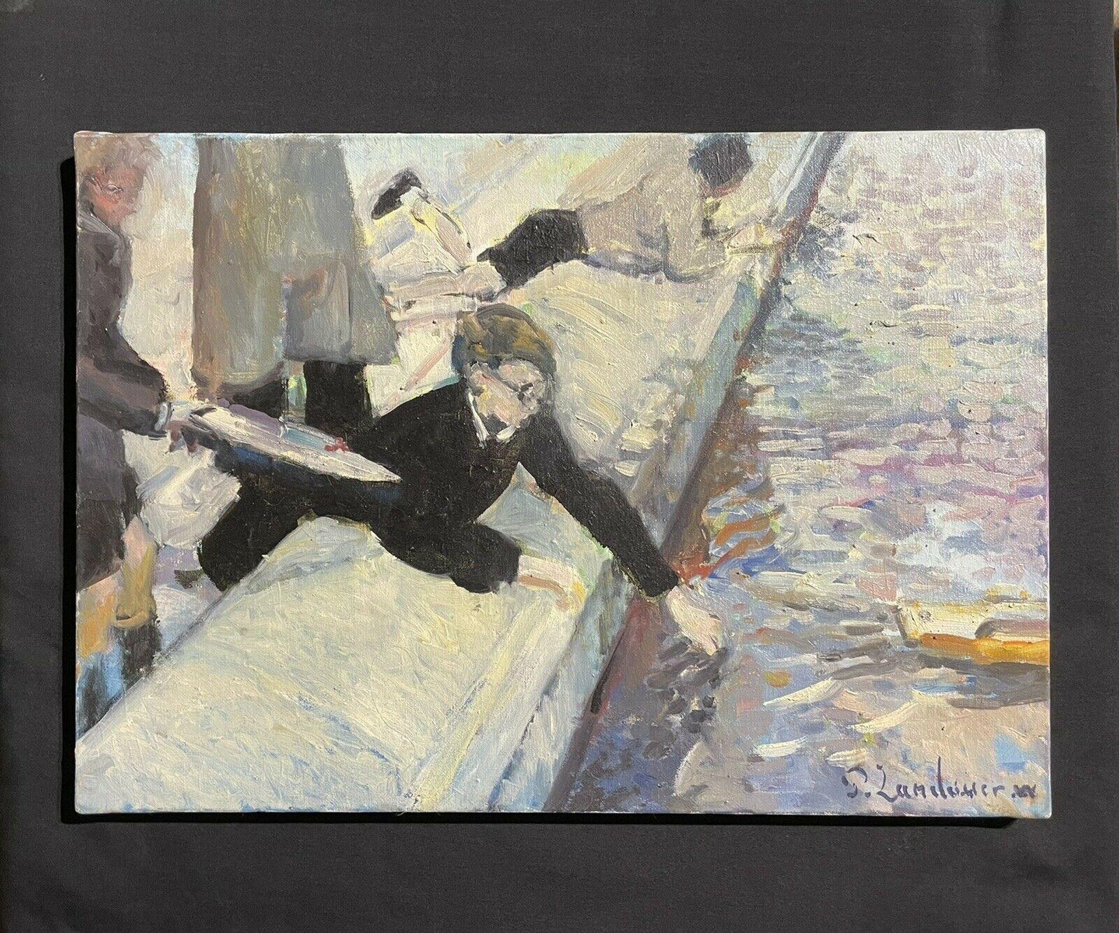 FRENCH IMPRESSIONIST SIGNED OIL - PLAYING WITH TOY BOATS ON CITY POND IN PARIS - Painting by Patrice Landauer