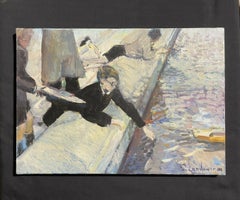 FRENCH IMPRESSIONIST SIGNED OIL - PLAYING WITH TOY BOATS ON CITY POND IN PARIS