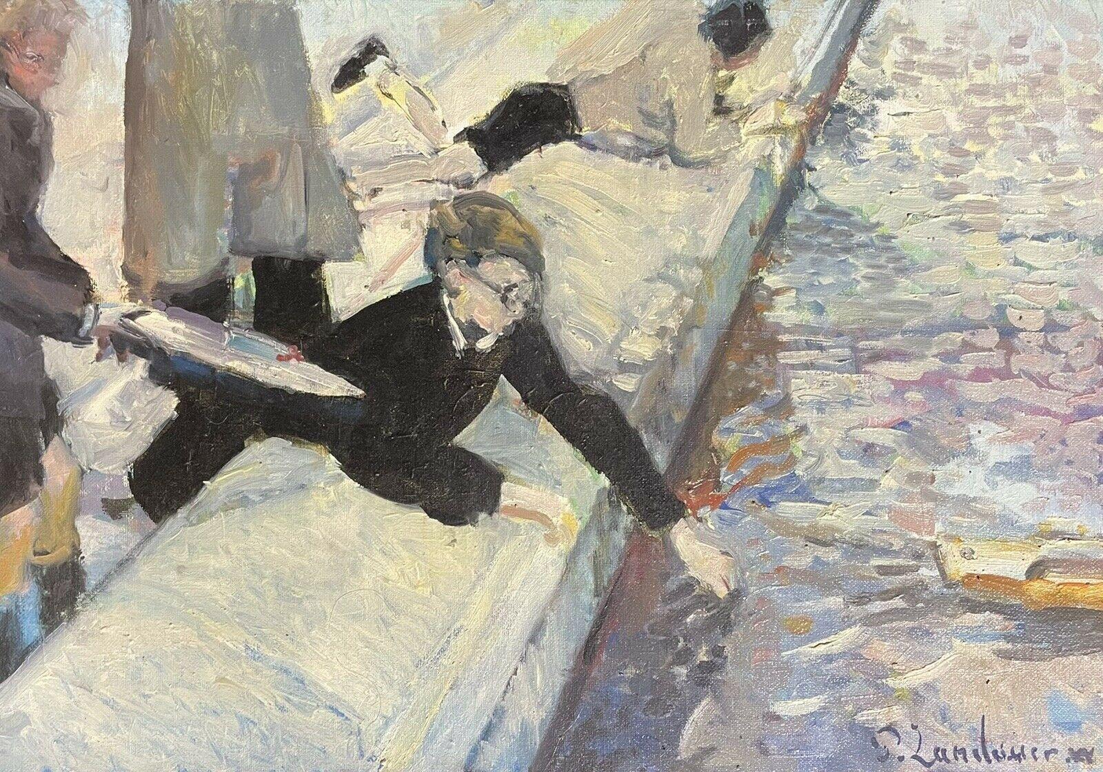 FRENCH IMPRESSIONIST SIGNED OIL - PLAYING WITH TOY BOATS ON CITY POND IN PARIS 4