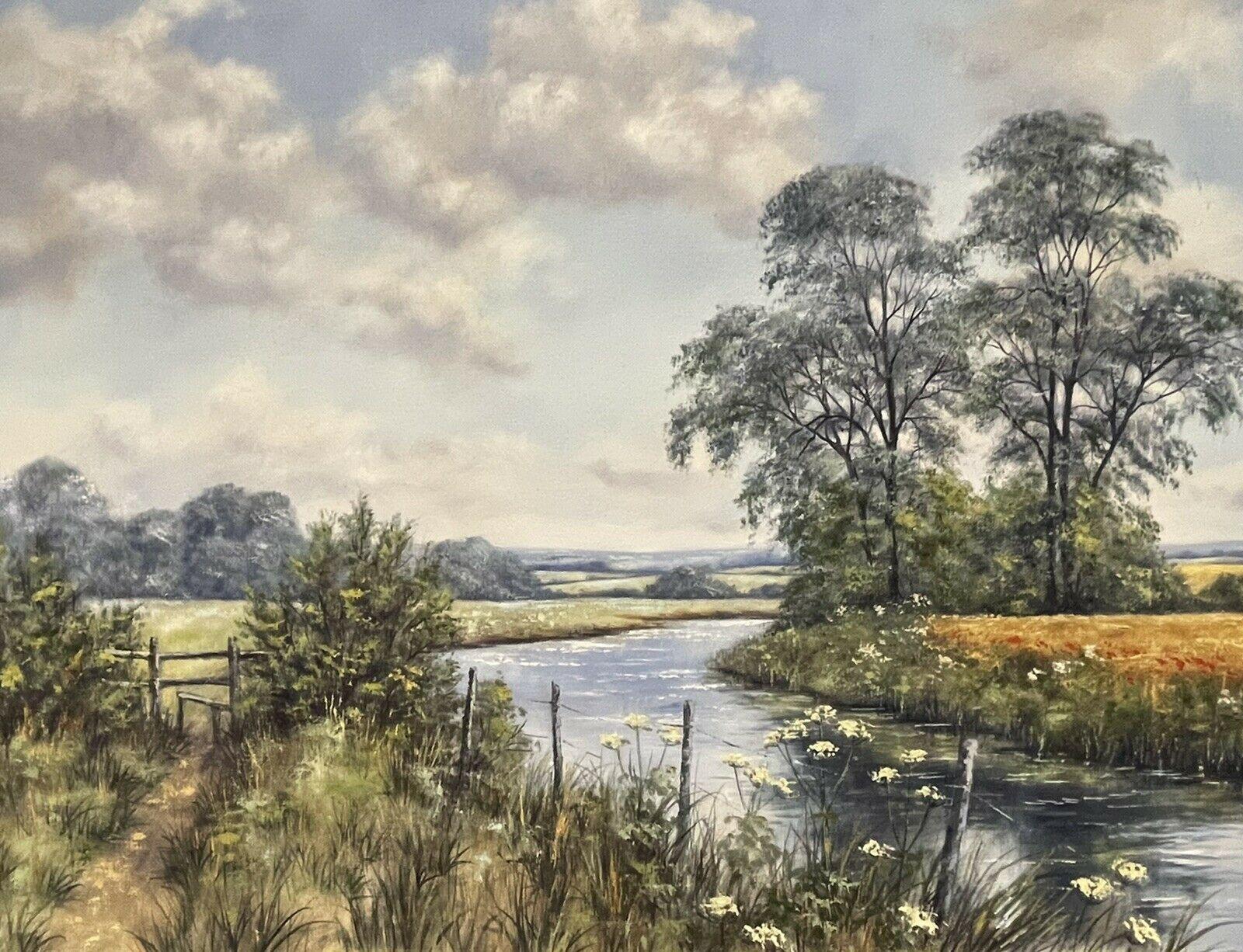 DEBORAH POYNTON - DIPINTO A OLIO BRITANNICO DI GRANDI DIMENSIONI - PAESAGGIO FLUVIALE CON GRANO E PAPAVERI in vendita 2