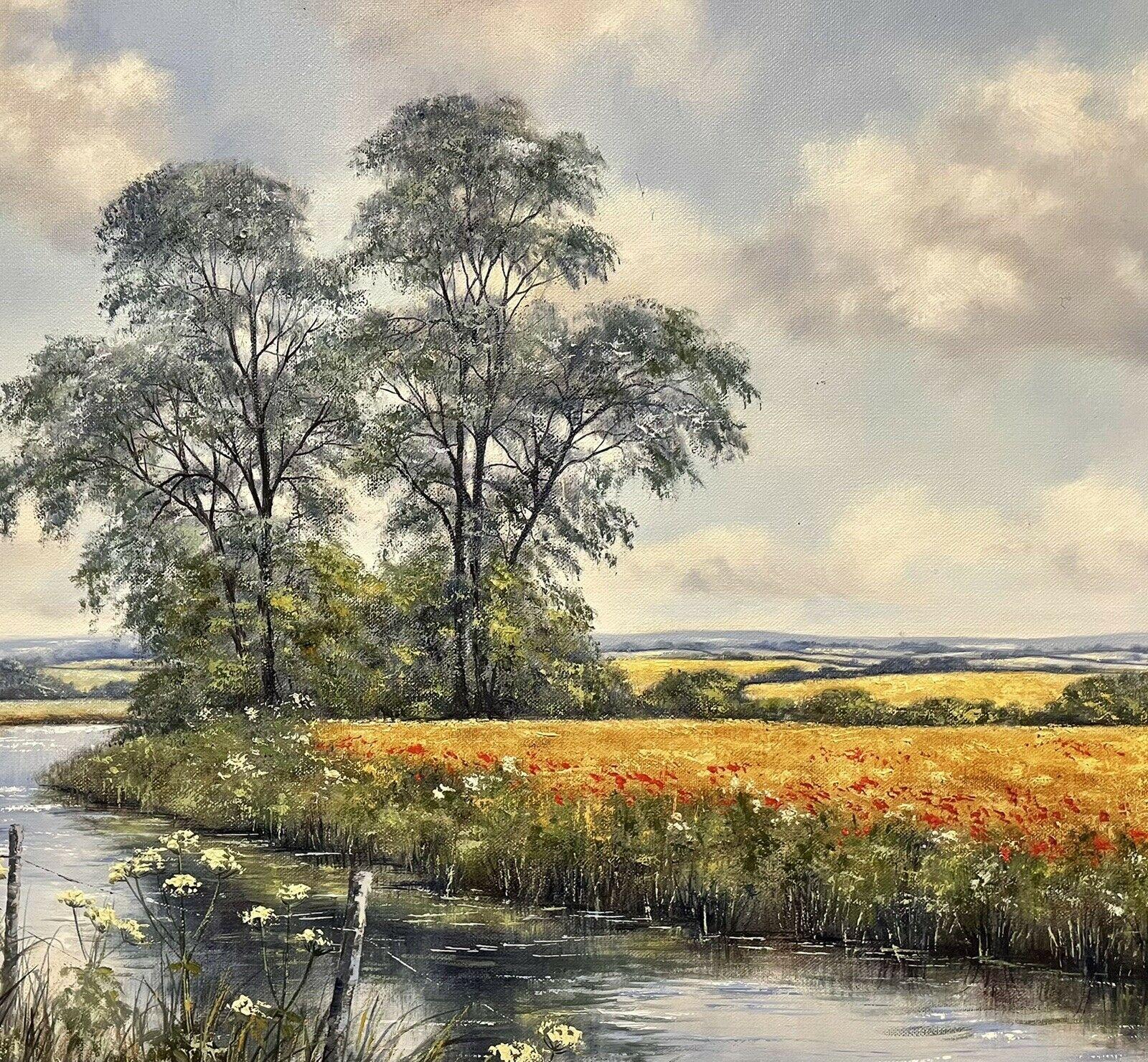 DEBORAH POYNTON - DIPINTO A OLIO BRITANNICO DI GRANDI DIMENSIONI - PAESAGGIO FLUVIALE CON GRANO E PAPAVERI in vendita 3