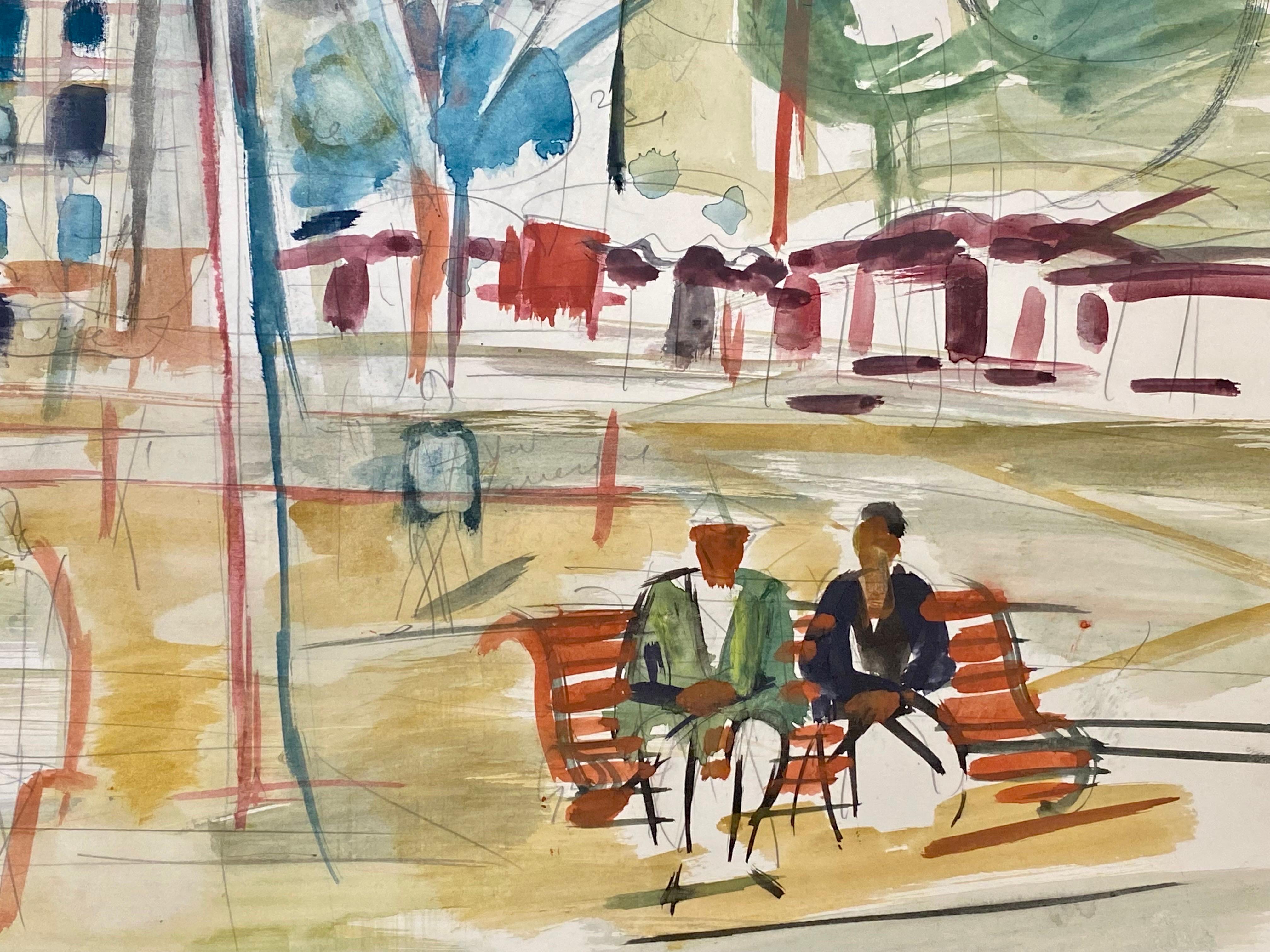 French Modernist Painting Figures on Sunny Bench in South of France town 1