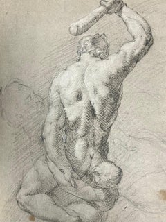 1700's Old Master Drawing Cain & Abel Fighting Nude Men in Combat Double Sided