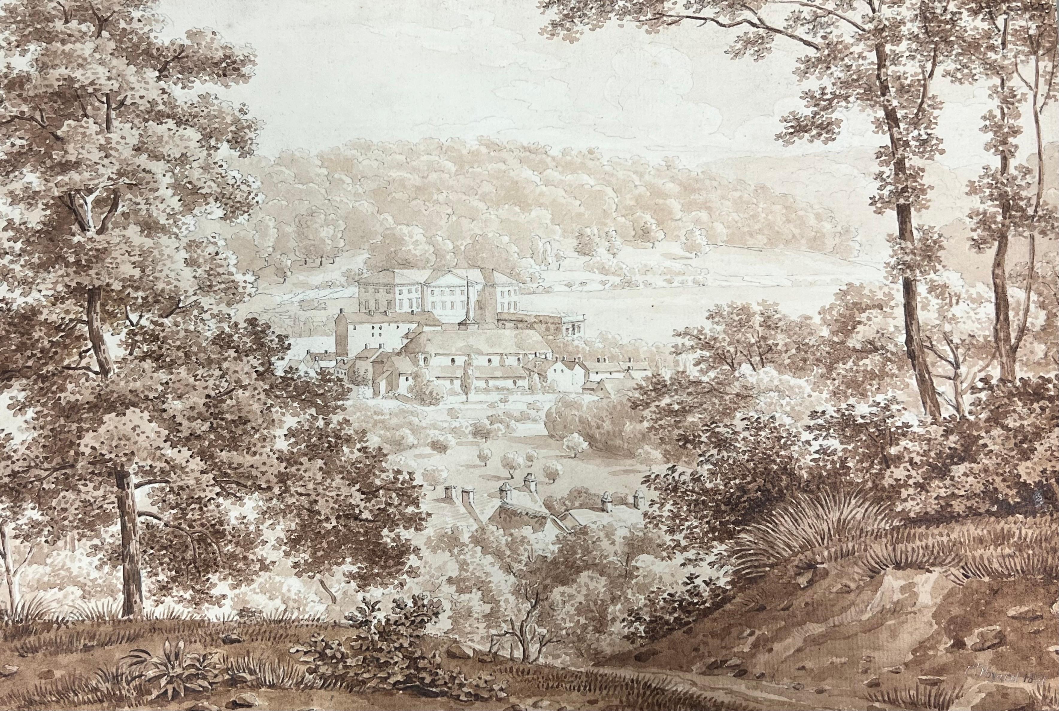 Antique 1800's French Ink Wash Drawing Distant Monastery in Ancient Landscape - Painting by C. Poyard