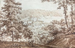 Antique 1800's French Ink Wash Drawing Distant Monastery in Ancient Landscape