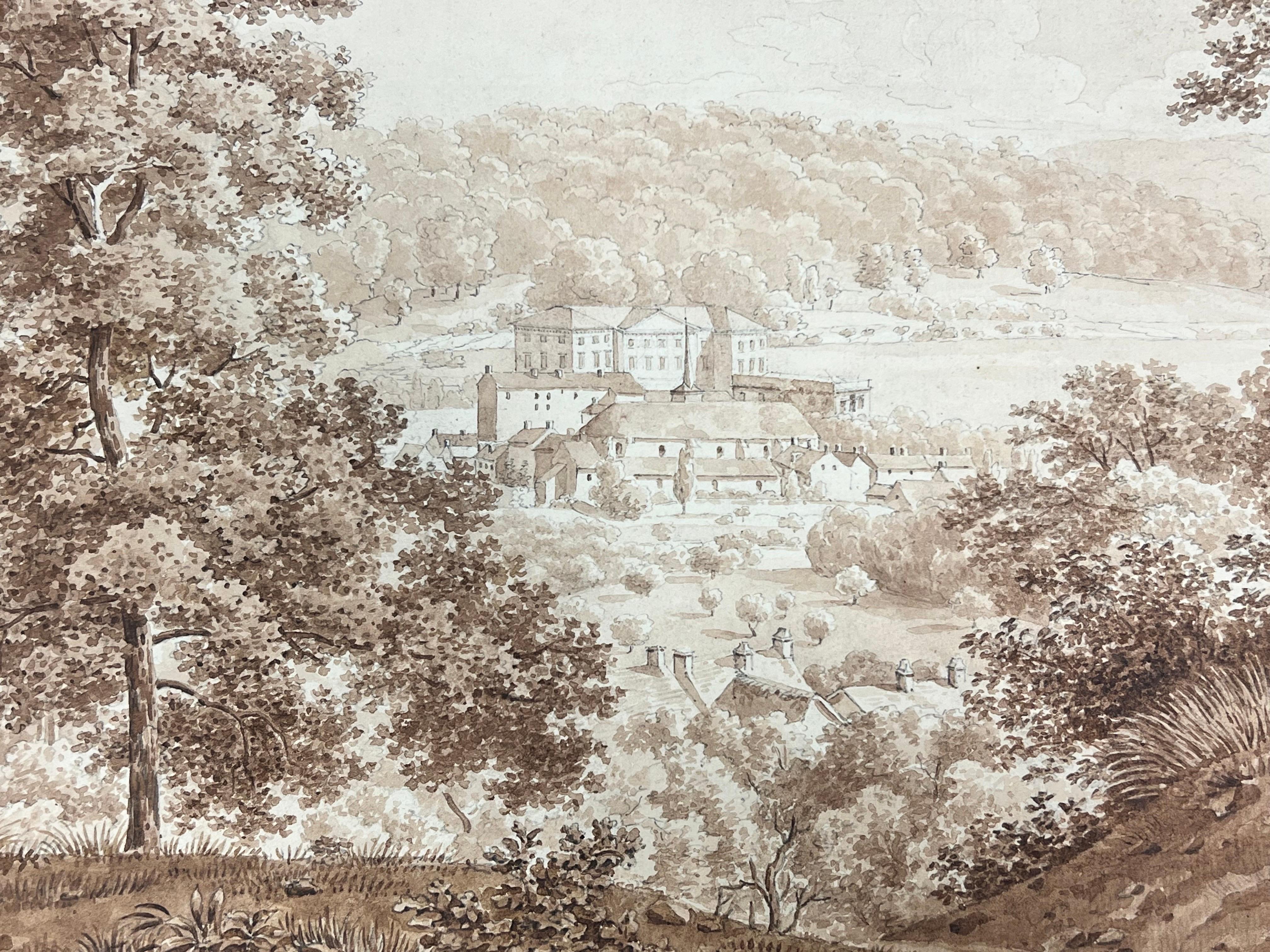 Antique 1800's French Ink Wash Drawing Distant Monastery in Ancient Landscape - Old Masters Painting by C. Poyard