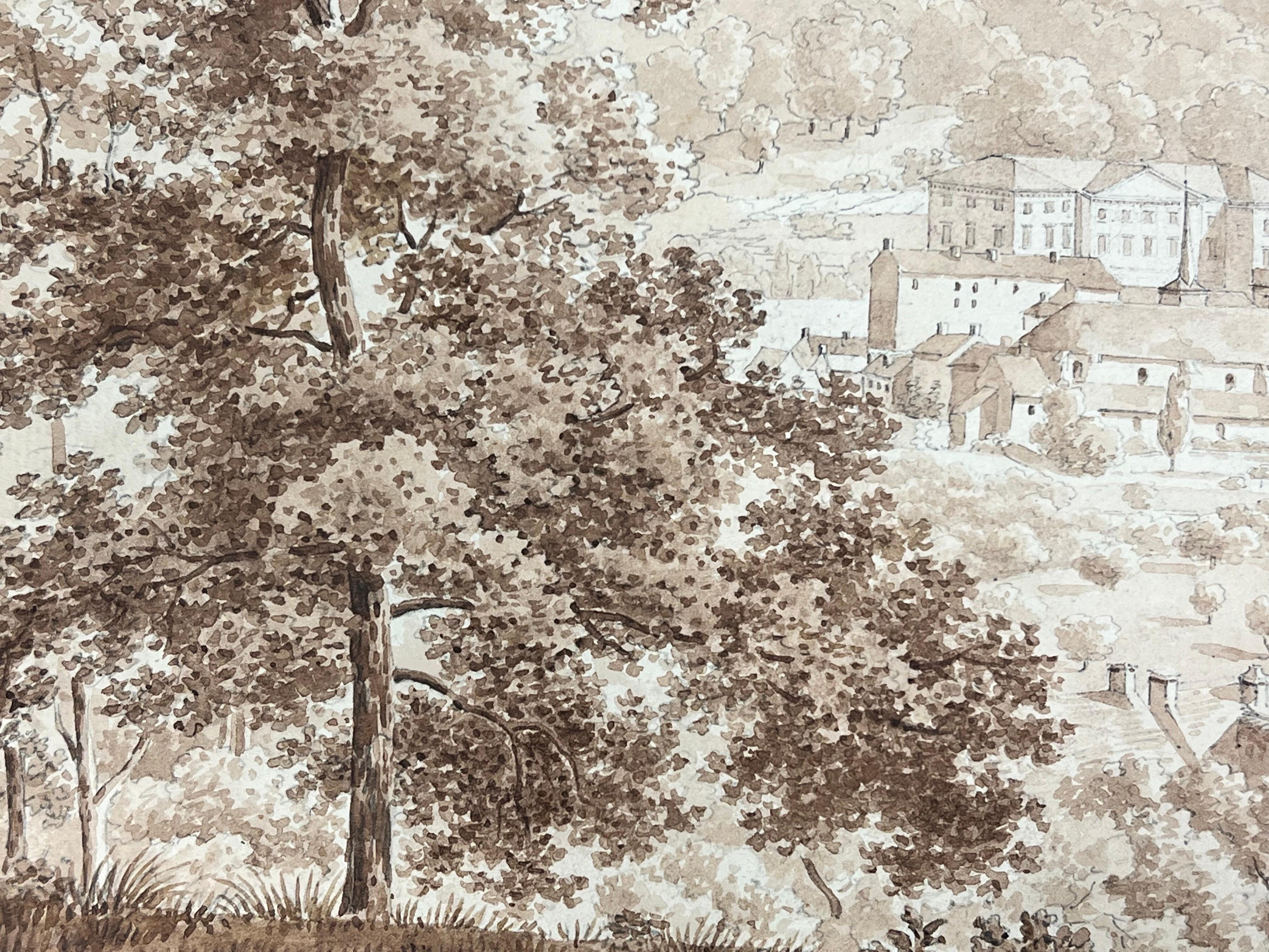 Antique 1800's French Ink Wash Drawing Distant Monastery in Ancient Landscape 1