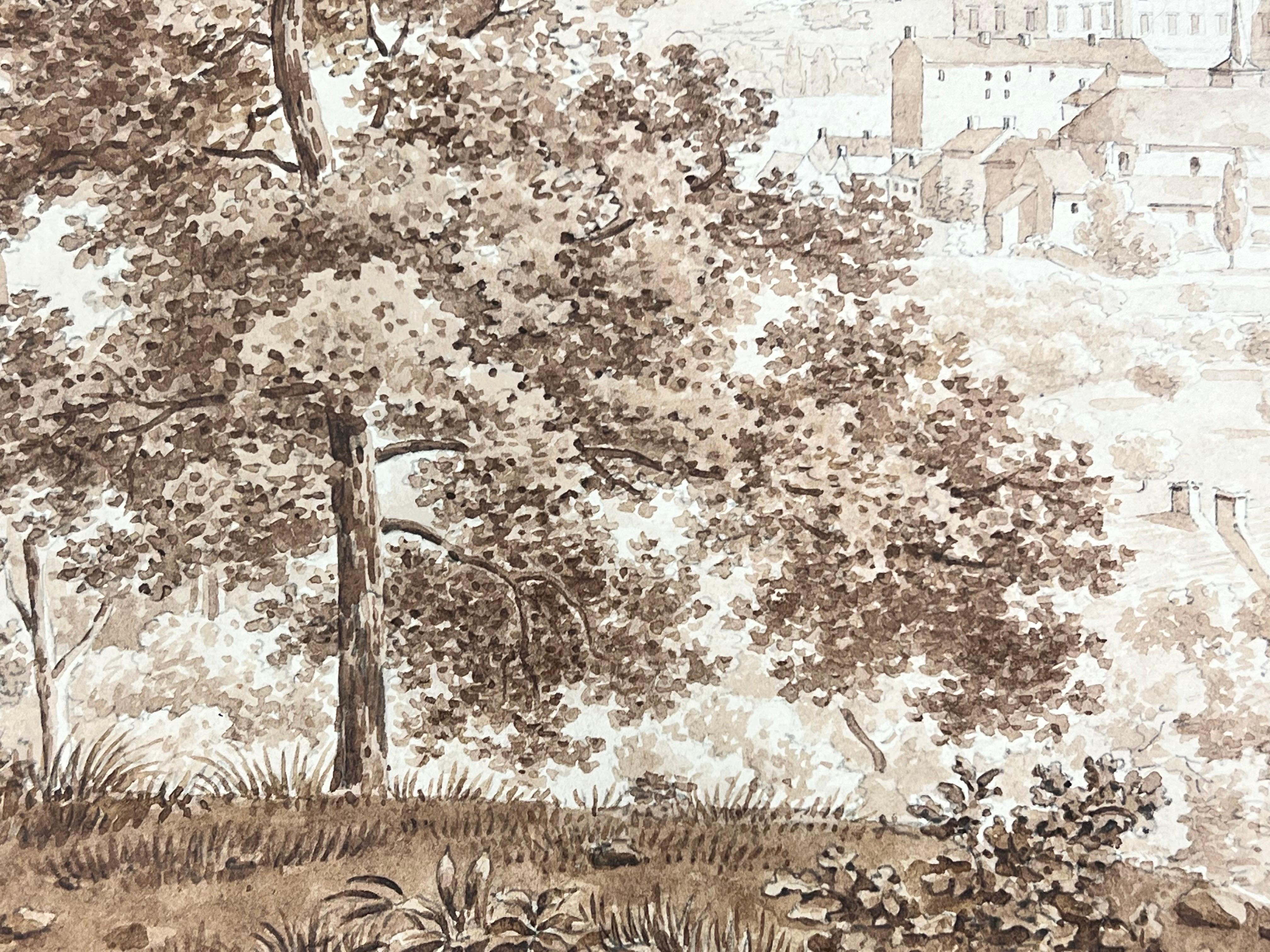 Antique 1800's French Ink Wash Drawing Distant Monastery in Ancient Landscape 2