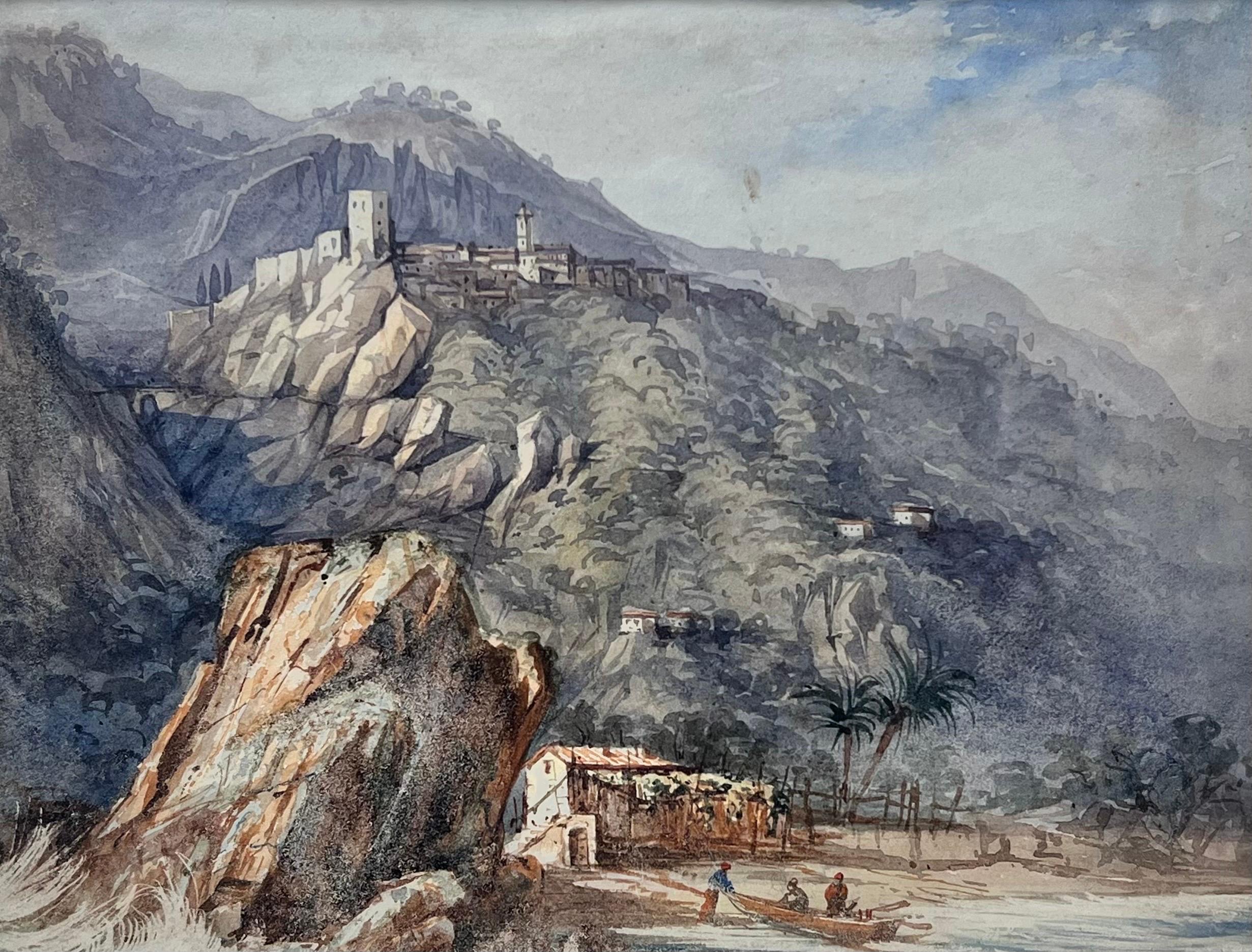 Aquarelle ancienne représentant une ville de Cliffside avec un pêcheur dans la baie en dessous d'un paysage