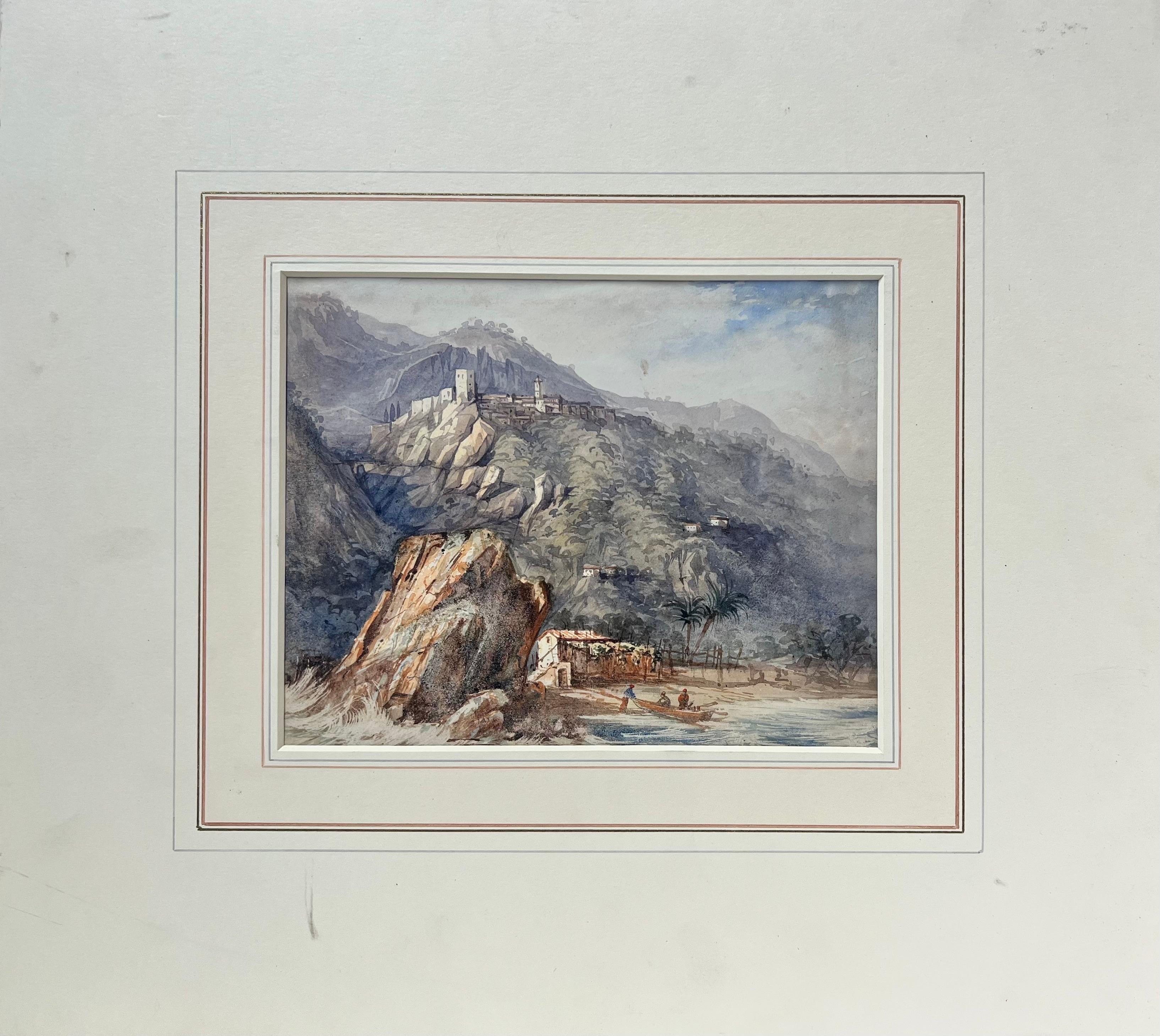 A Cliffside Town With Fisherman In The Bay Below Antique Watercolor Landscape - Art by William Page