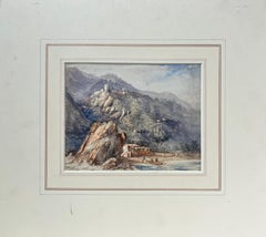 Una città sulla scogliera con pescatori nella baia sottostante Paesaggio antico ad acquerello