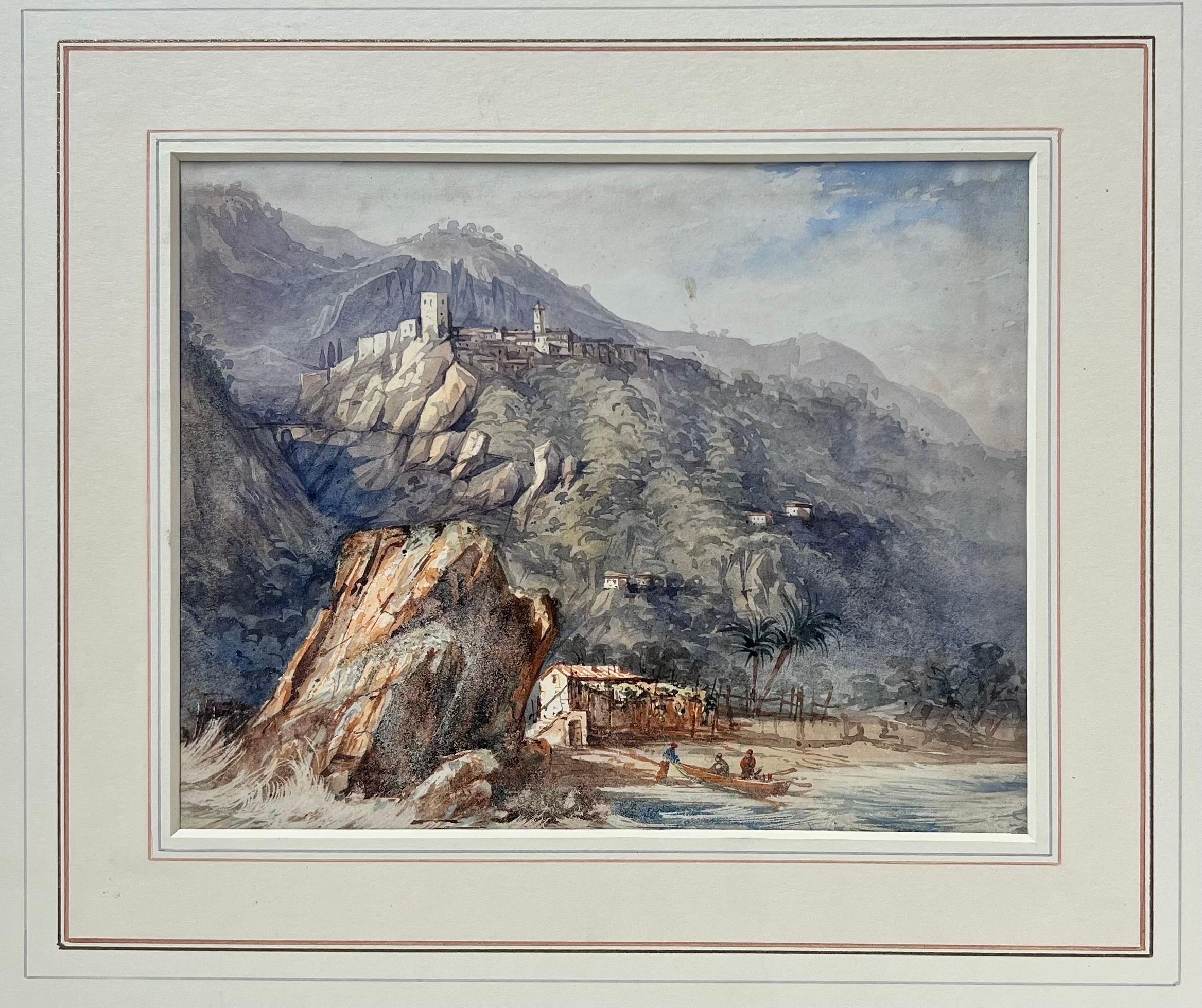 A Cliffside Town With Fisherman In The Bay Below Antique Watercolor Landscape - Victorian Art by William Page