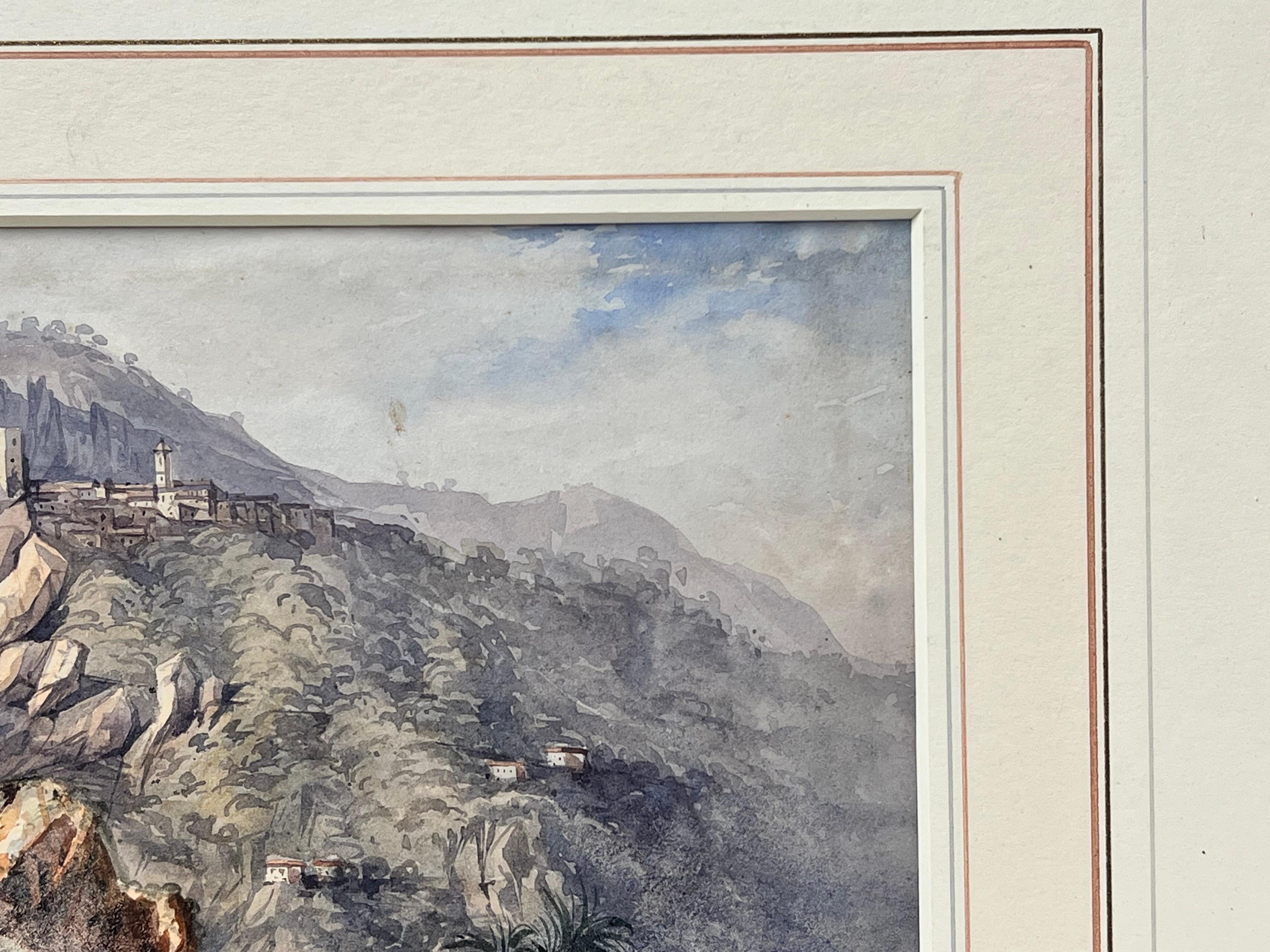 A Cliffside Town With Fisherman In The Bay Below Antique Watercolor Landscape - Gray Landscape Painting by William Page
