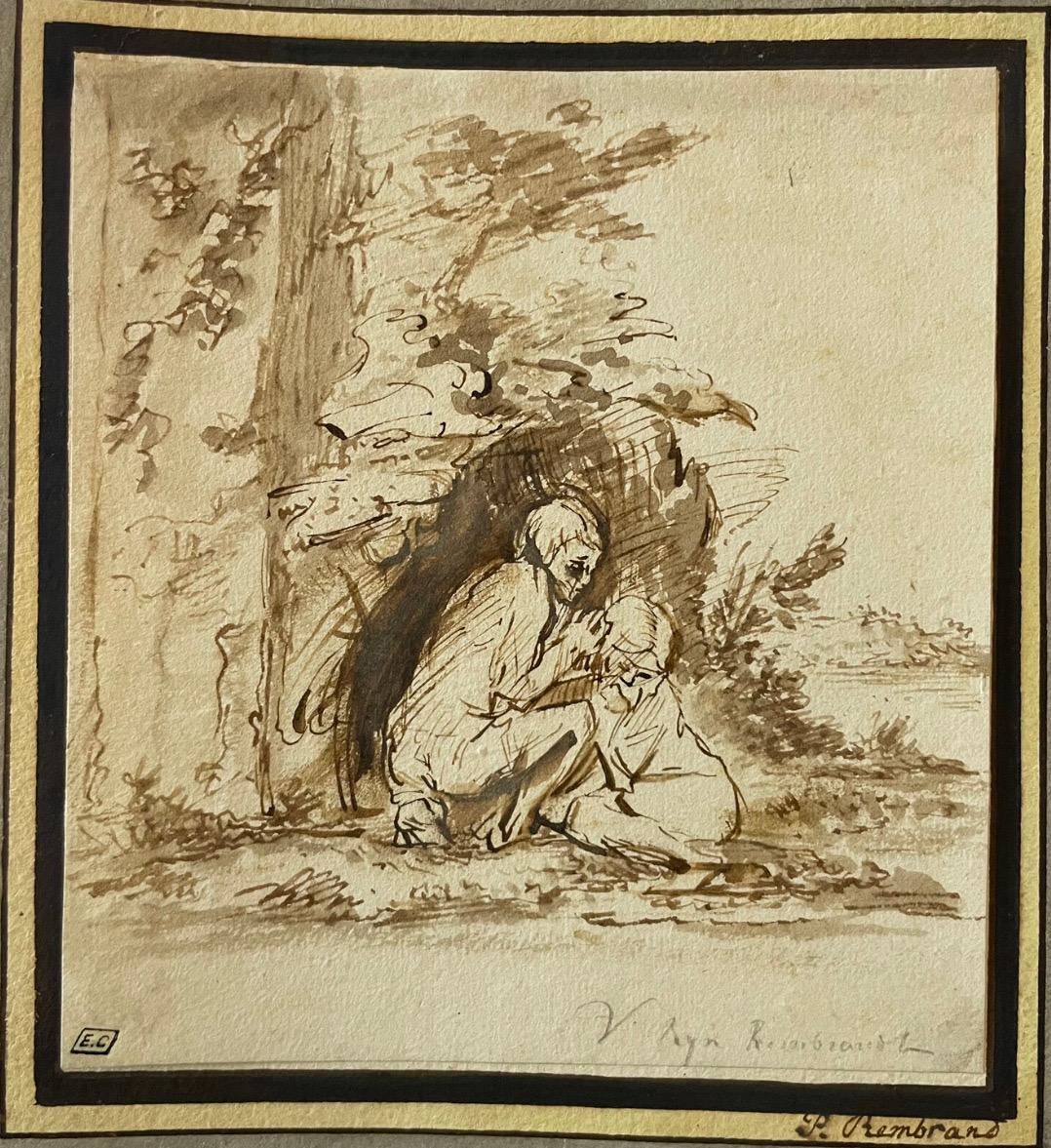 (Circle of) Willem Drost Figurative Painting - 17th C Dutch Old Master Ink & Wash Painting Biblical Figures Rembrandt Pupil