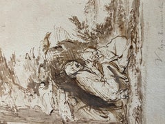 17th C Dutch Old Master Ink & Wash Painting Biblical Figures Rembrandt Pupil
