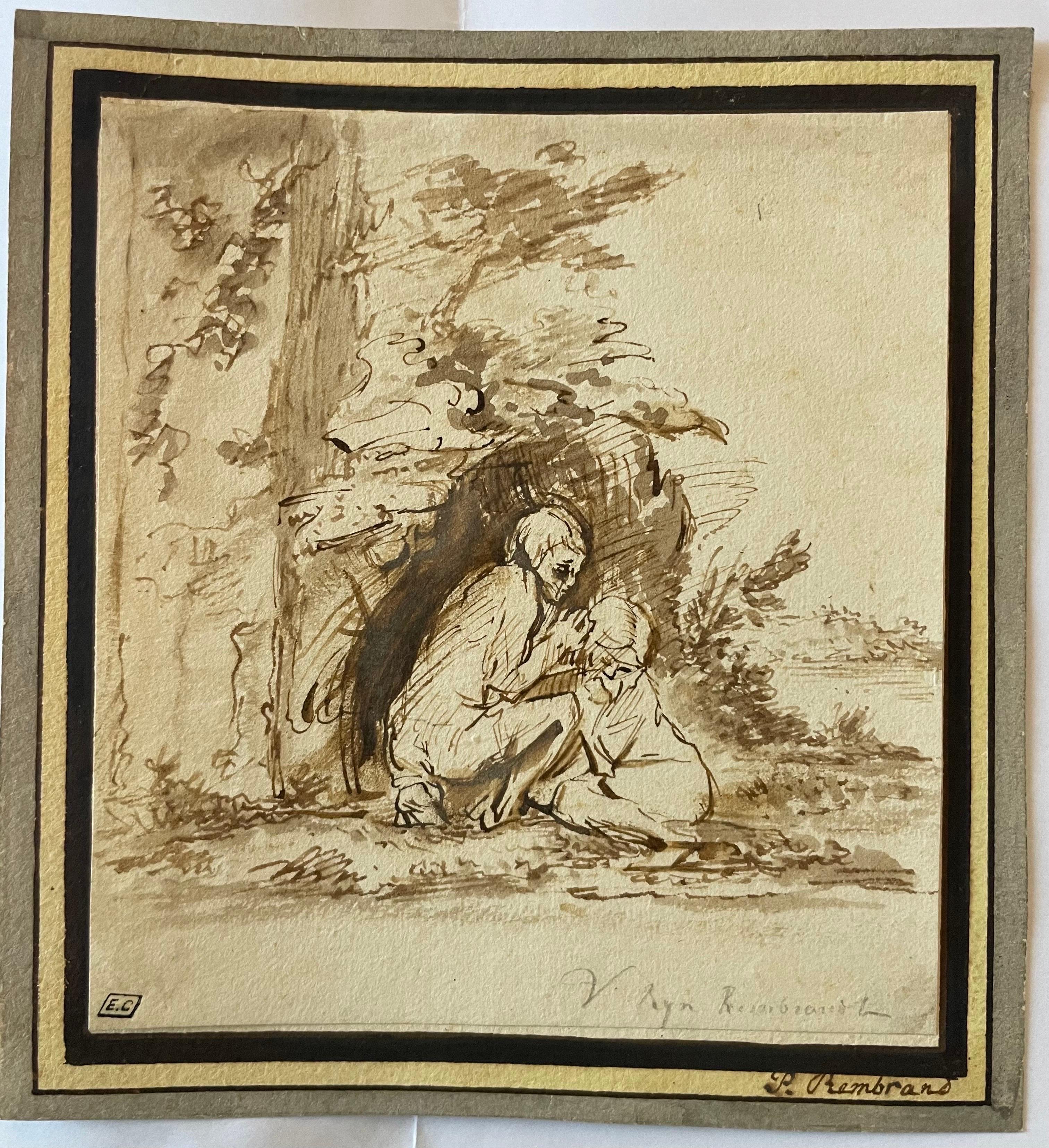 17th C Dutch Old Master Ink & Wash Painting Biblical Figures Rembrandt Pupil For Sale 3