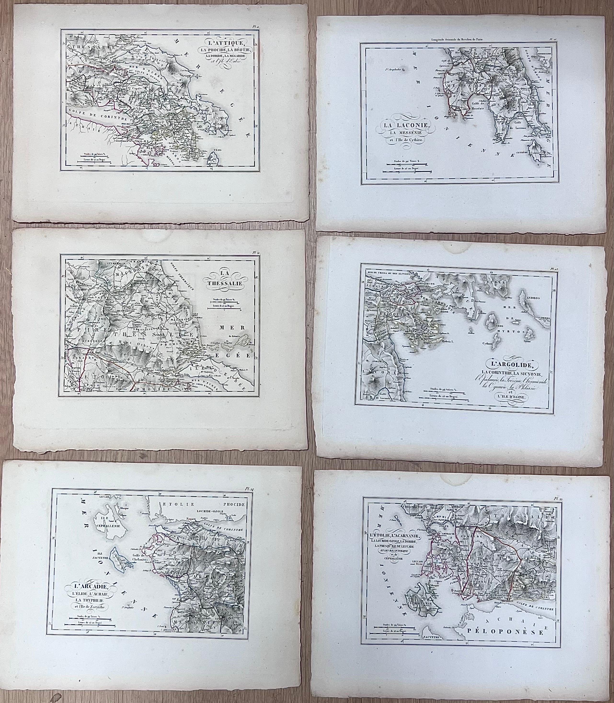 Colección de seis grabados antiguos de regiones y territorios de la antigua Grecia