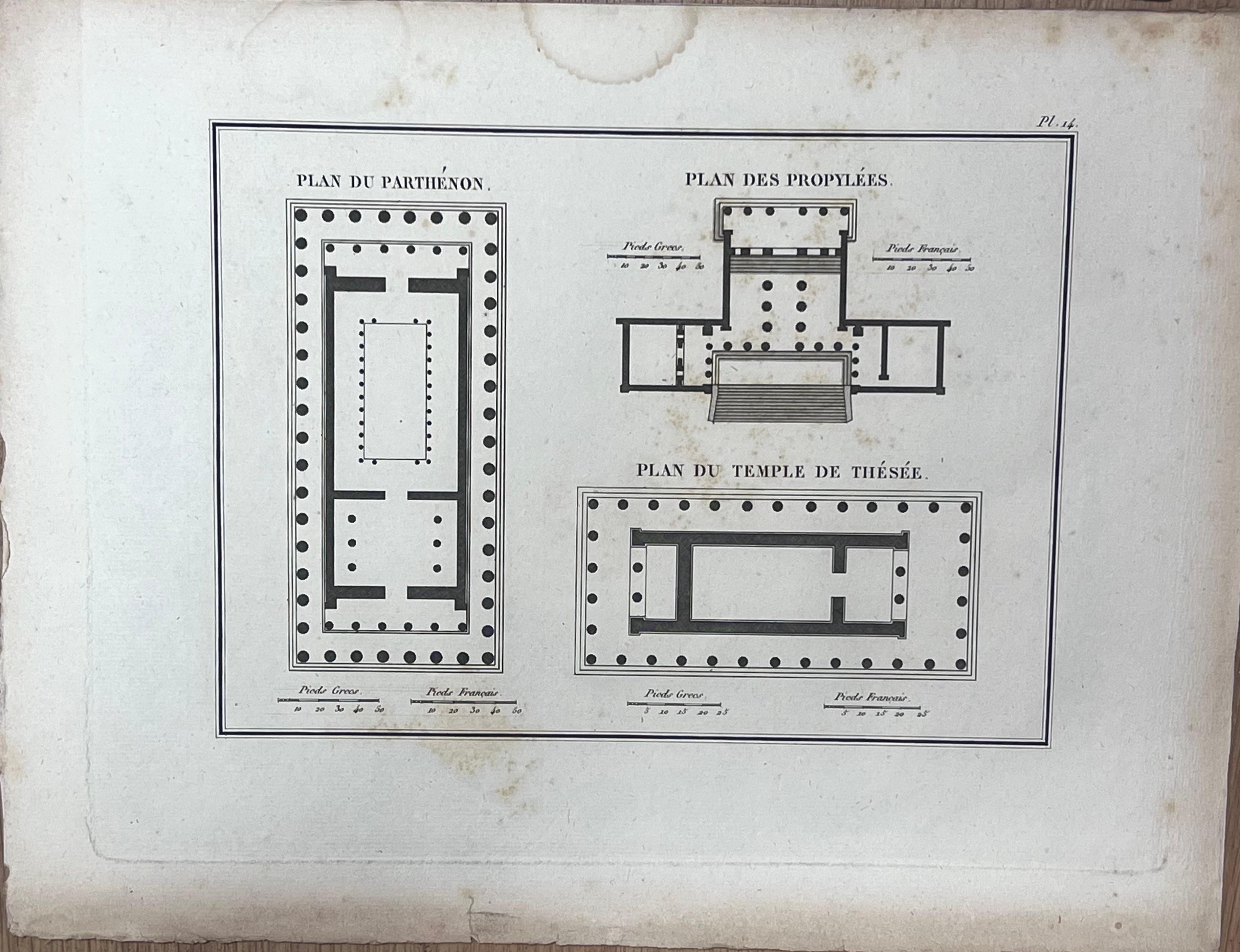 Set di quattro incisioni architettoniche Edifici greci antichi - Landscape Art Grigio di French School
