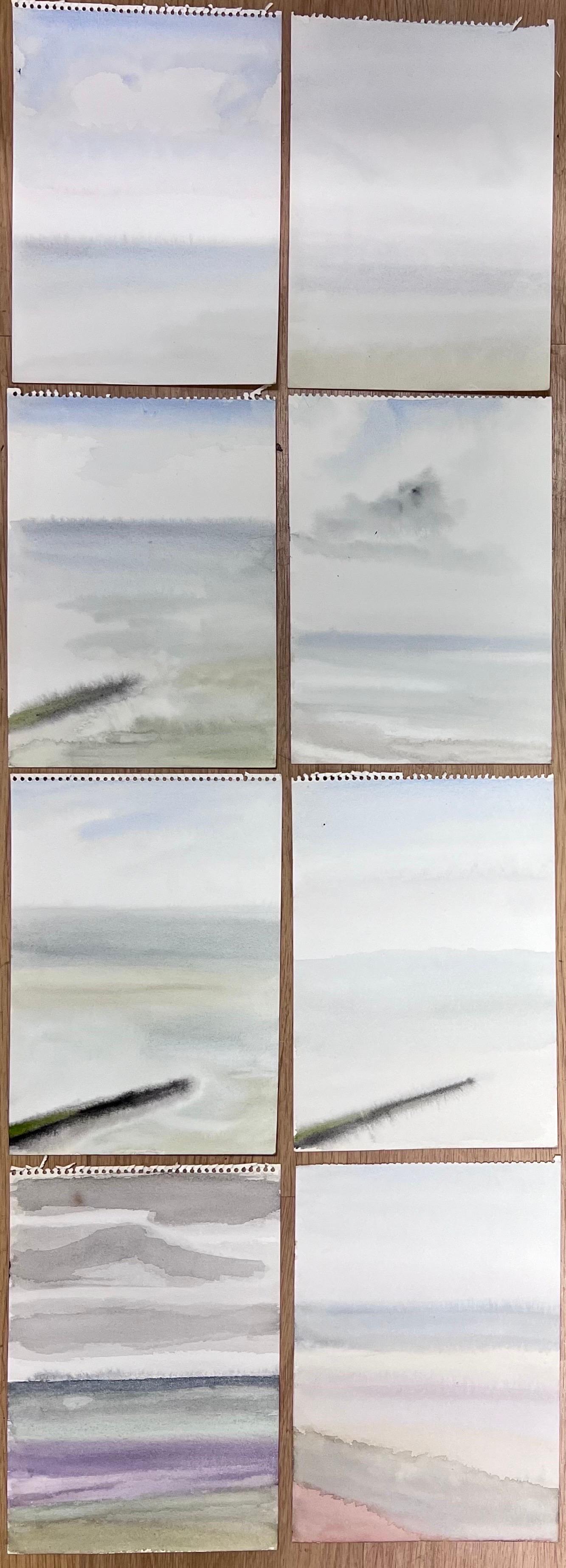 Conjunto de seis series de acuarelas minimalistas de paisajes costeros junto al mar