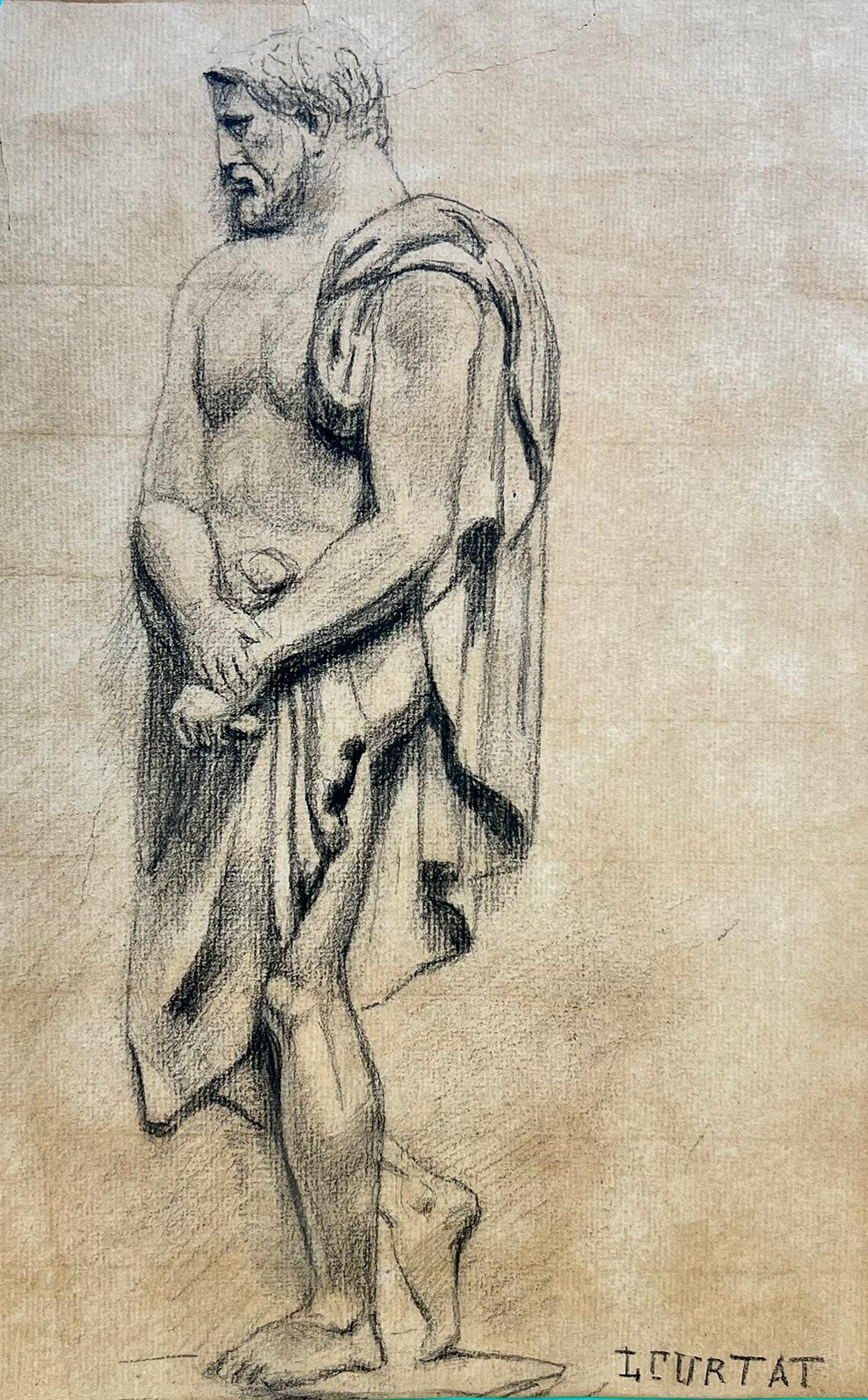 French School Figurative Painting - Classical Roman Nude Man draped in Robes, signed French drawing