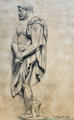 Antique Classical Roman Nude Man draped in Robes, signed French drawing
