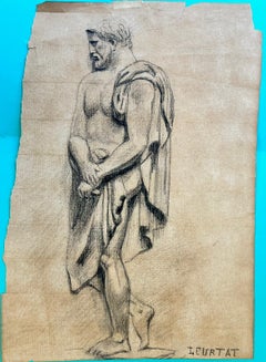 Classical Roman Nude Man draped in Robes, signed French drawing