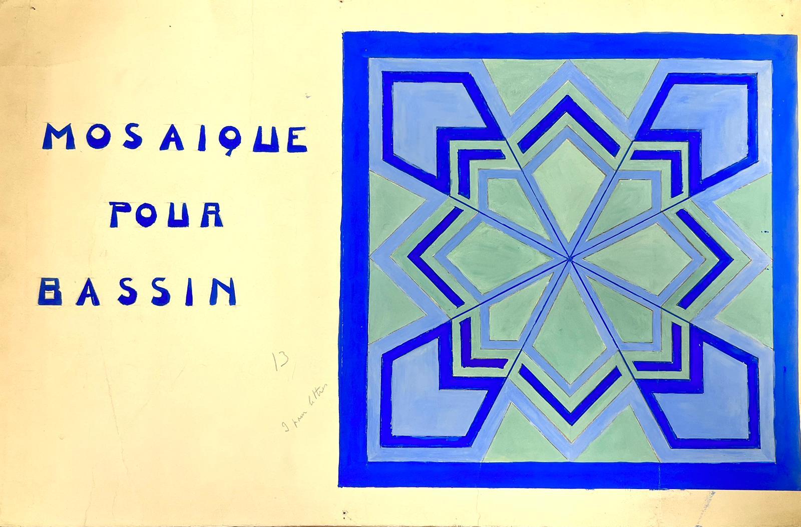 Mid Century French Illustration Sketches - blue square - Painting by Josine Vignon