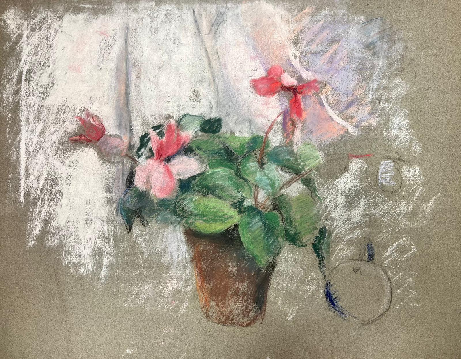 Illustrazione francese di metà secolo Schizzo di vaso per piante rosa