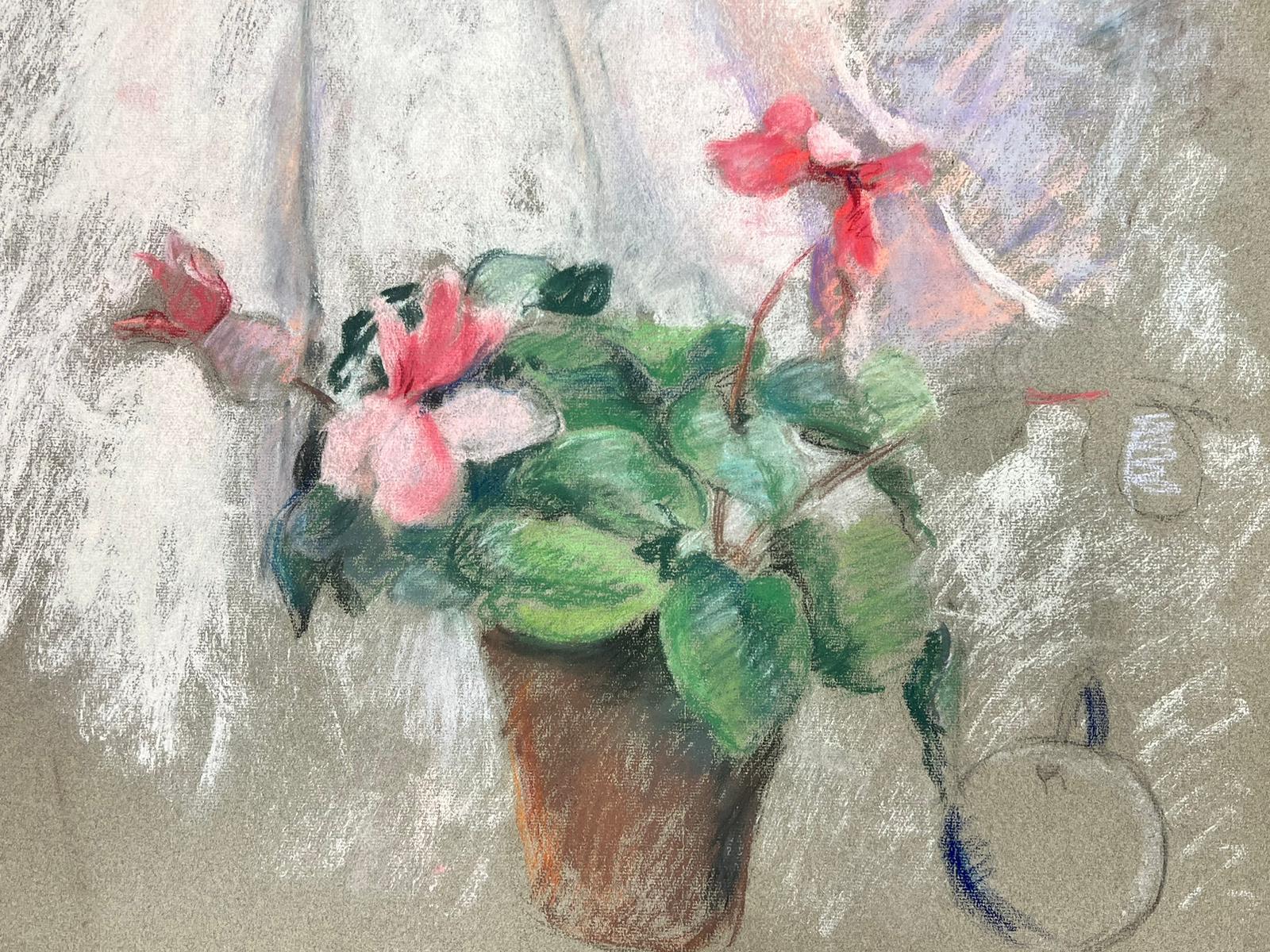 Mid Century Französisch Illustration Skizze rosa Blumentopf im Angebot 1