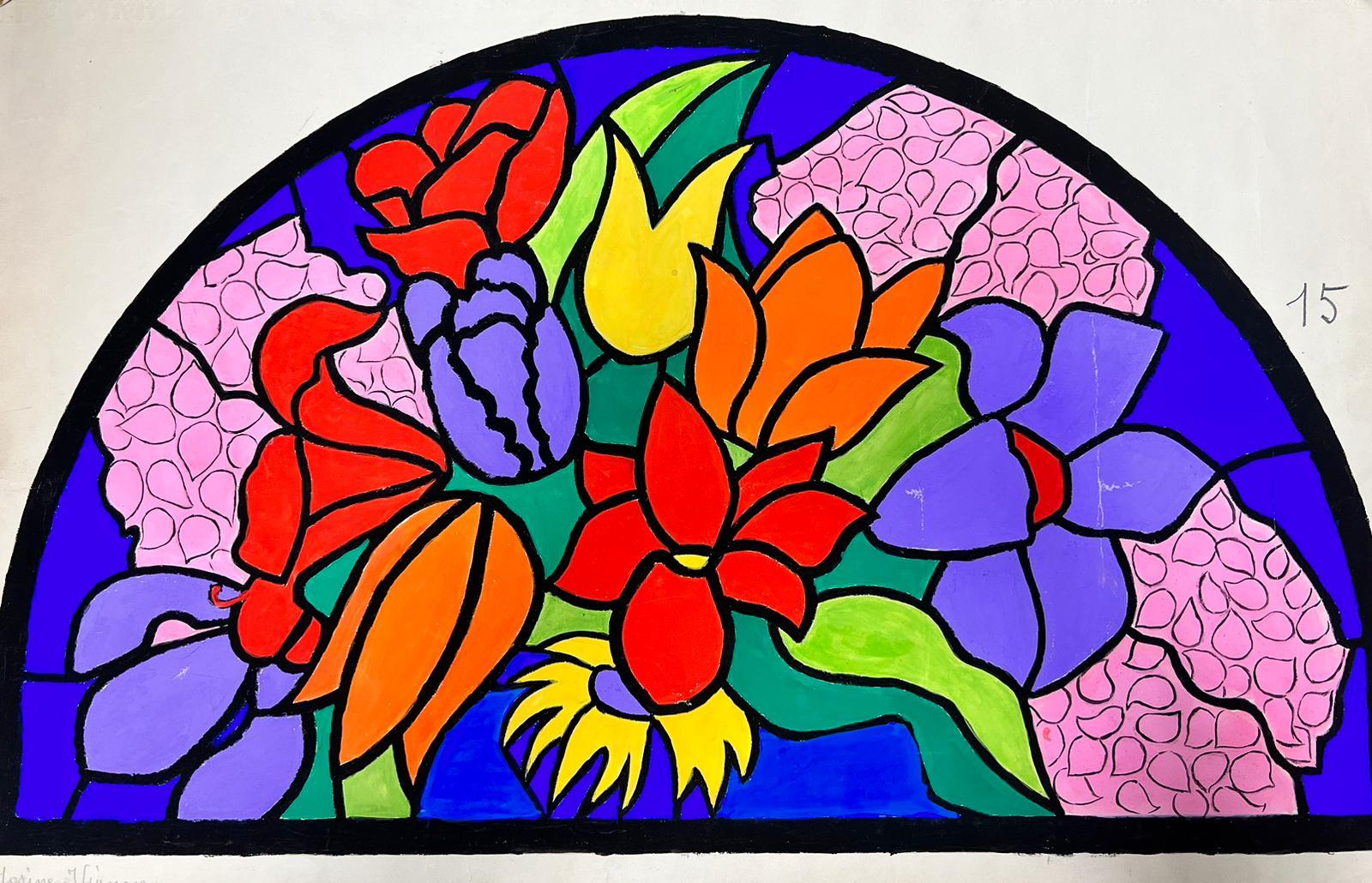 Illustration française d'une esquisse de fenêtre en verre teinté à fleurs du milieu du siècle dernier