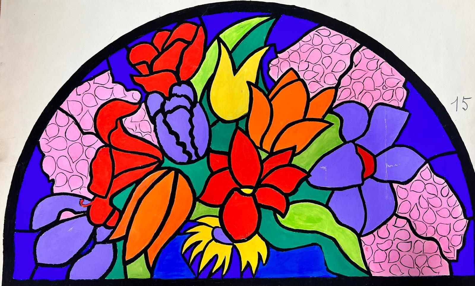 Illustrazione francese della metà del secolo scorso di uno schizzo di una vetrata floreale - Art di Josine Vignon