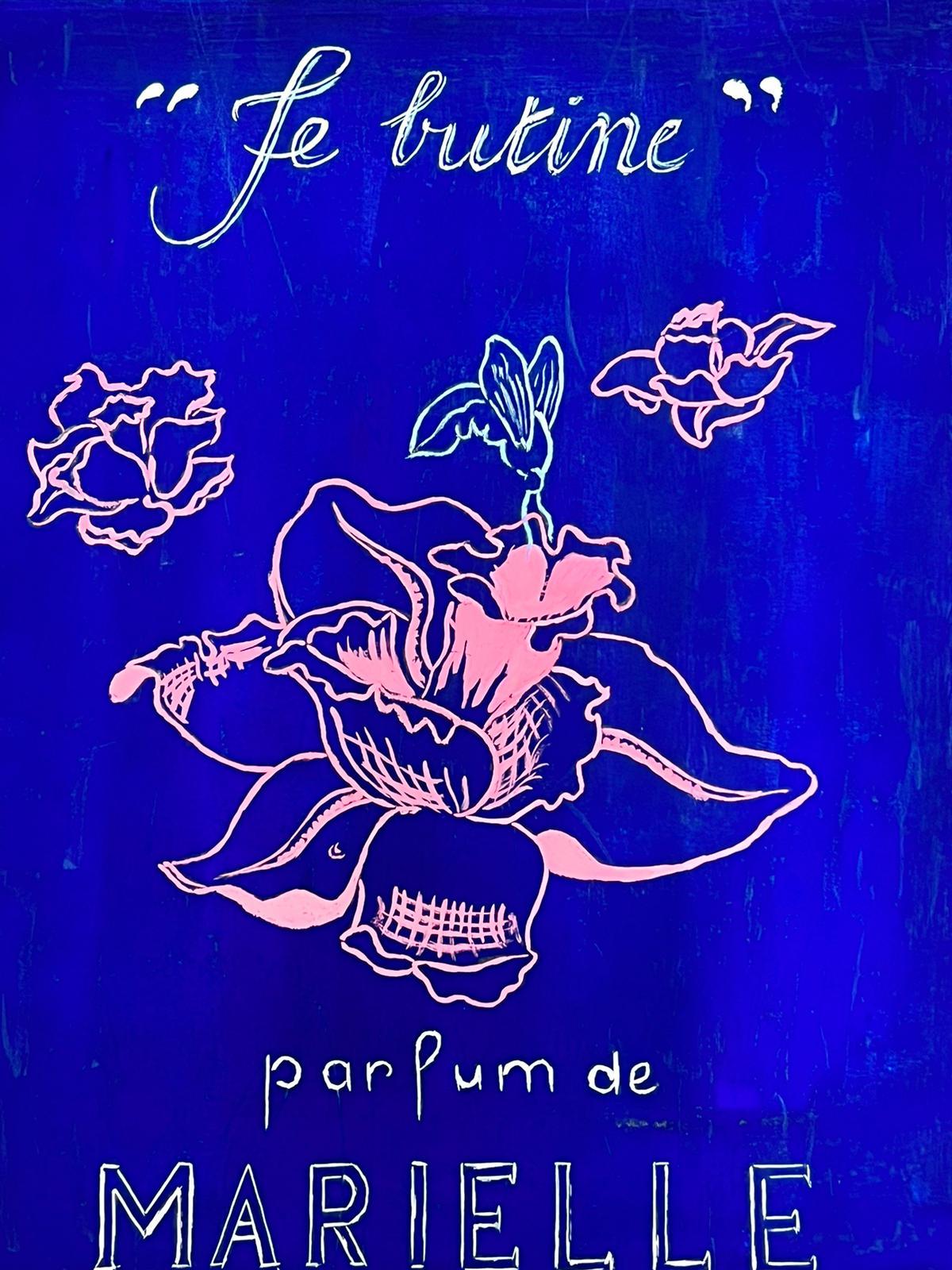 Josine Vignon Abstract Drawing – Französische Illustrationsskizze einer blauen Parfümflasche im Design aus der Mitte des Jahrhunderts