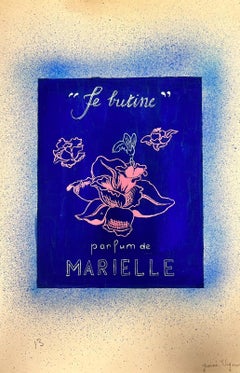 Mid Century French Illustration Sketch Of A Blue Perfume Bottle Design