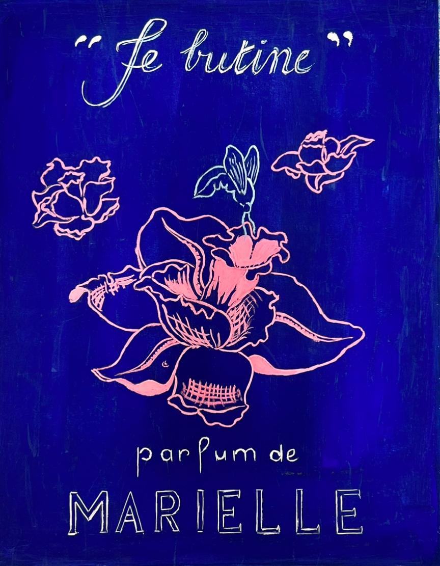 Französische Illustrationsskizze einer blauen Parfümflasche im Design aus der Mitte des Jahrhunderts (Post-Impressionismus), Art, von Josine Vignon