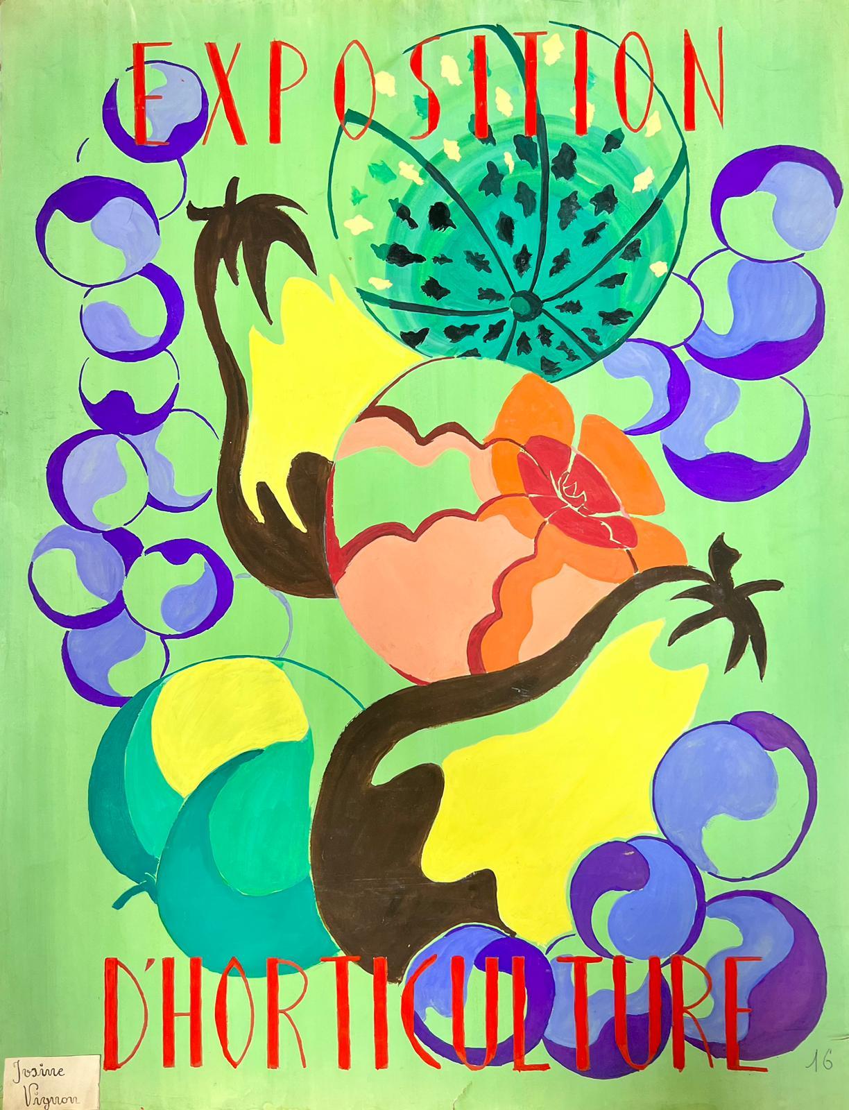 Josine Vignon Interior Art - Mid Century French Poster Style Painting Of Vibrant Fruit Abstract