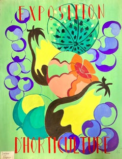 Mid Century French Poster Style Painting Of Vibrant Fruit Abstract