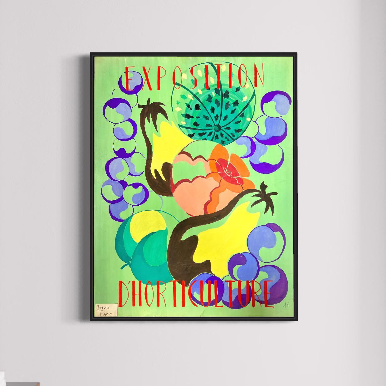 Mid Century French Poster Style Painting Of Vibrant Fruit Abstract - Art by Josine Vignon