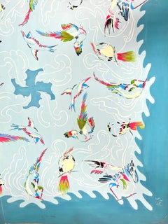Mid Century French Illustration Sketch Of A Blue Bird Wallpaper Design