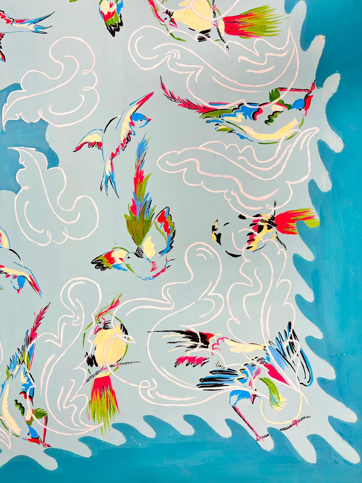 Mid Century French Illustration Sketch Of A Blue Bird Wallpaper Design - Painting by Josine Vignon