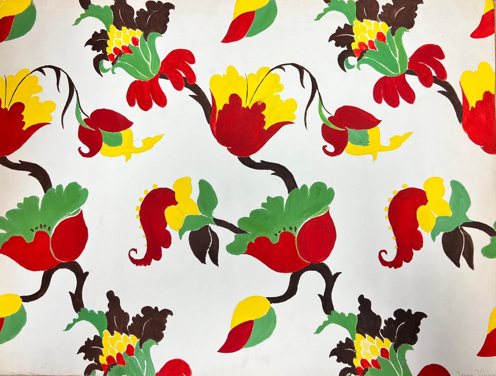 Josine Vignon Interior Art - Mid Century French Illustration Of Colourful Flower Wallpaper Sketch