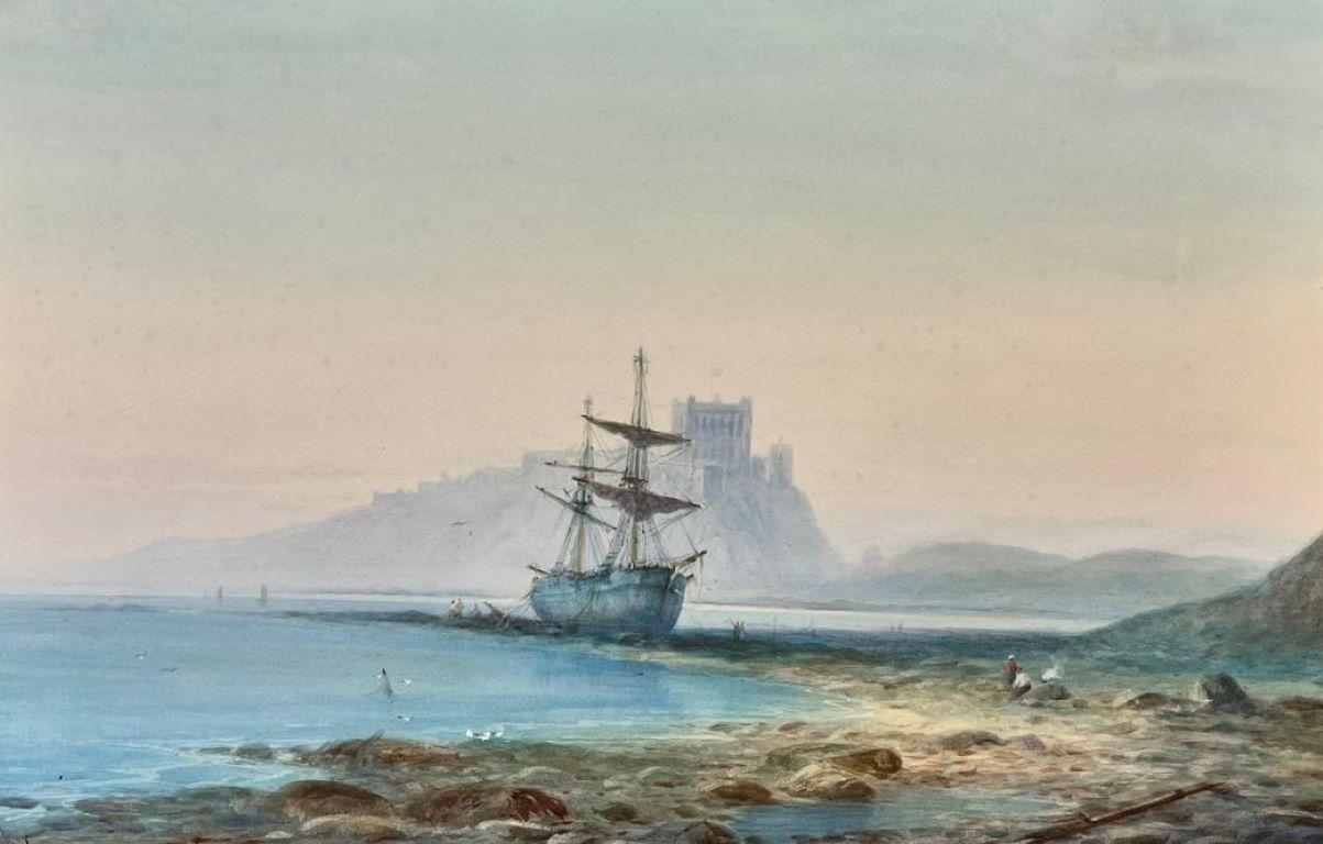 Antique British Marine Painting Classic Tallship Beached on Shore with Castle  - Art by Antique English Marine