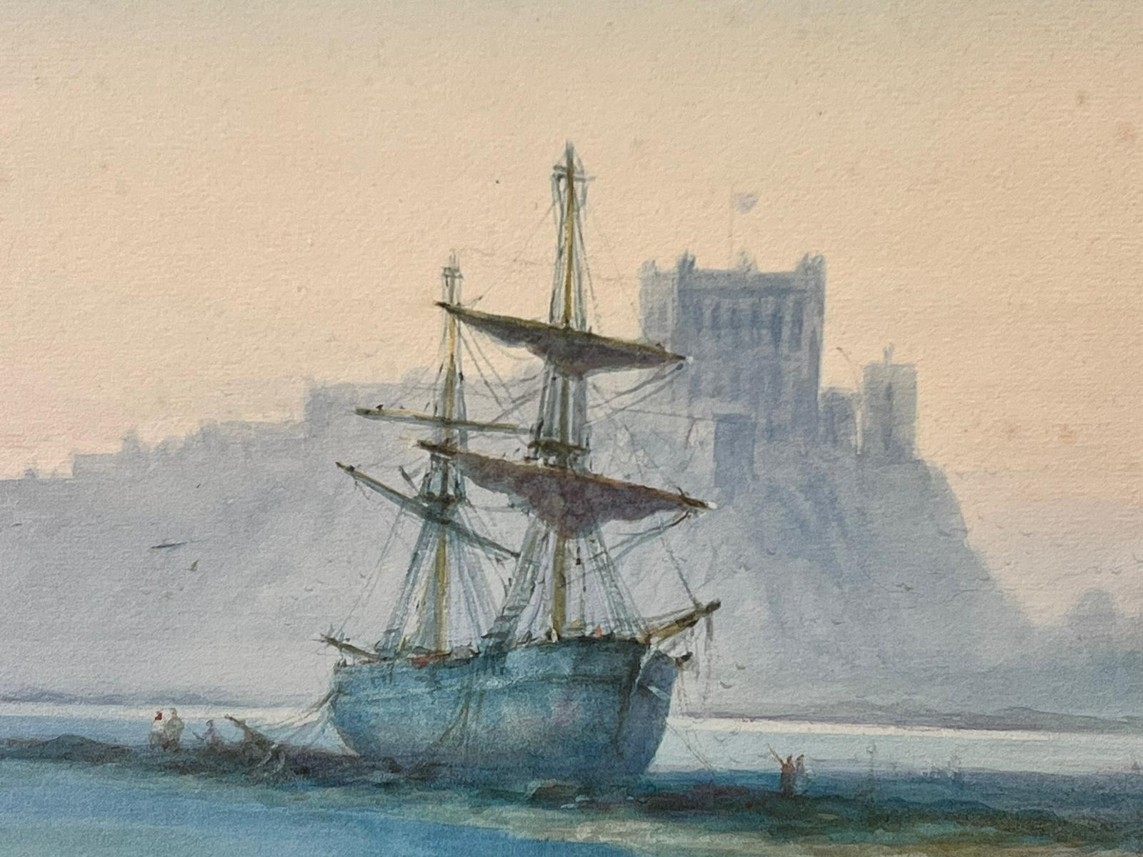 Antique British Marine Painting Classic Tallship Beached on Shore with Castle  - Victorian Art by Antique English Marine