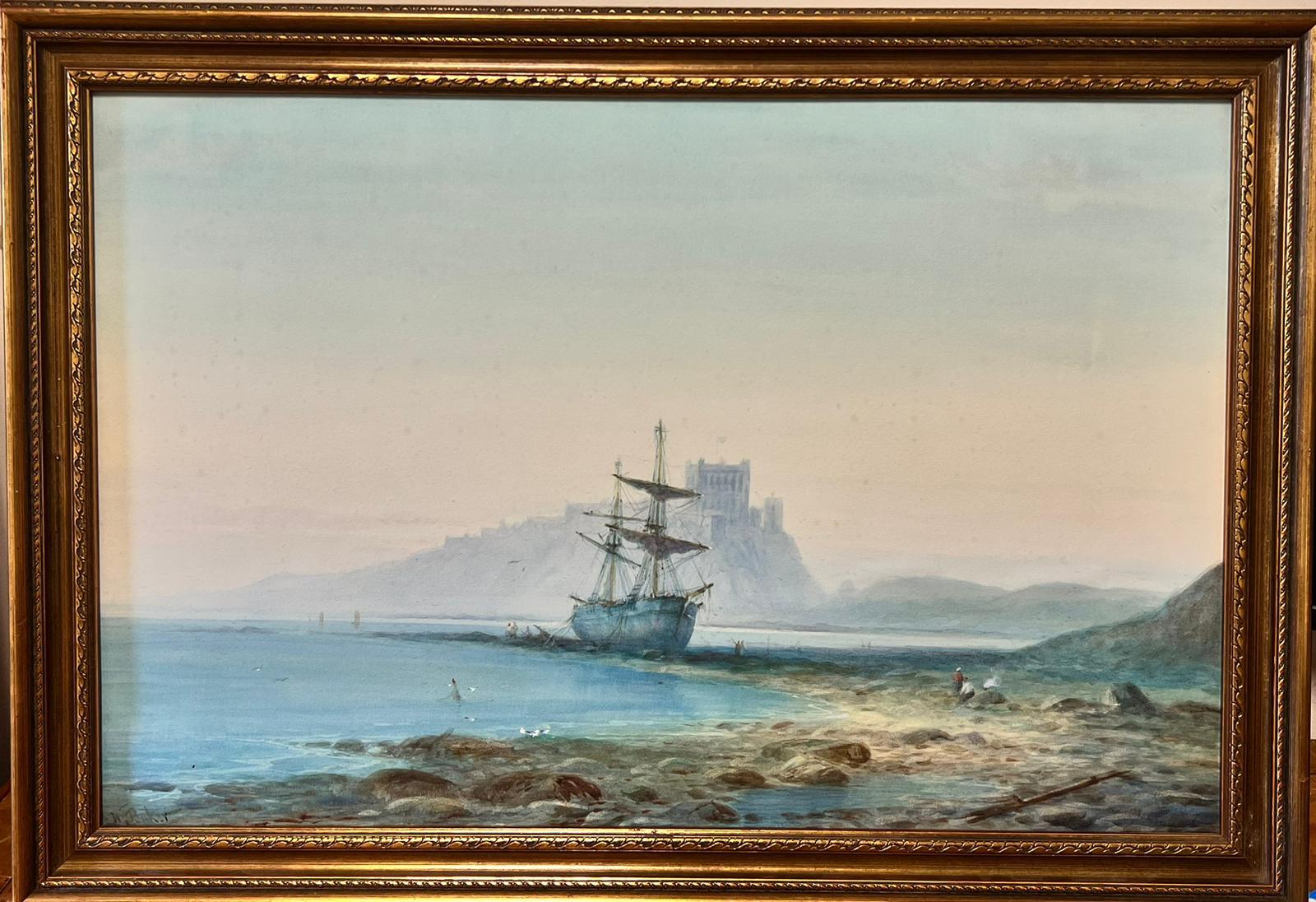 Antique English Marine Landscape Art – Antikes britisches Marinegemälde, klassisches Gemälde, Stranded on Shore mit Schloss 