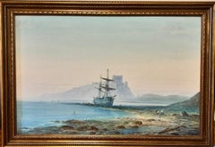Antique British Marine Painting Classic Tallship Beached on Shore with Castle 