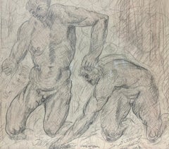 Nude Men Fighting Original French Drawing Cain and Abel