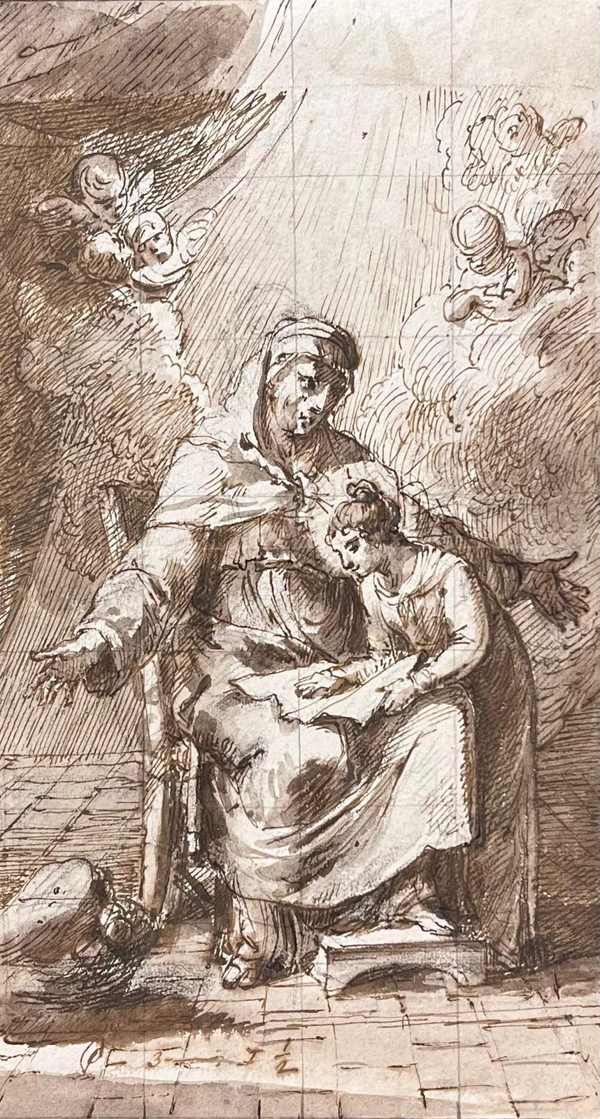 Italian Old Master Ink & Wash Drawing St. Anne & The Virgin Mary with Cherubs - Painting by French School