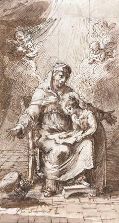 Italian Old Master Ink & Wash Drawing St. Anne & The Virgin Mary with Cherubs